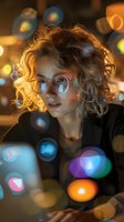 Young woman with curly blonde hair and glasses in evening lighting with colorful bokeh effects, warm golden tones create dreamy atmosphere for lifestyle and fashion content.