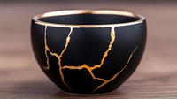 Black ceramic bowl with gold kintsugi repair pattern on wooden surface, highlighting Japanese art of repairing broken pottery with precious metals.