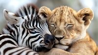 Young zebra and lion cub sleeping together, showing unusual animal friendship in nature. Close up view of wild baby animals resting peacefully side by side.
