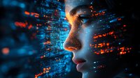 Female profile with glowing digital particles and code overlay in blue and orange tones creating futuristic cyberpunk atmosphere for technology and AI concepts.