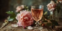 Elegant rose wine glass with pink peonies on rustic wooden table creating romantic atmosphere for celebrations and special occasions.