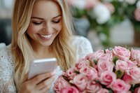 Young Caucasian woman with blonde hair smiling while looking at smartphone, wearing white lace dress near pink rose bouquet in soft natural lighting.