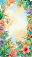 Watercolor tropical frame with exotic flowers, palm leaves, monstera, hibiscus, and orchids on a soft pastel background with copy space.