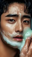 Close-up portrait of young Asian male model with glowing skin applying foam cleanser to face, demonstrating skincare routine against dark background.