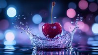 Fresh red cherry splashing in water creating crown splash effect with colorful bokeh lights background in blue and pink tones. Dynamic food photography.