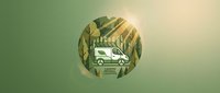 Eco-friendly delivery truck with green leaves in circular badge design for sustainable logistics and environmental transportation concepts.