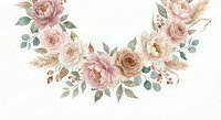 Watercolor floral wreath with blush pink roses, peonies and eucalyptus leaves on cream background for wedding invitations and romantic designs.