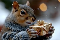 Adorable squirrel holding golden gift box in winter snow with festive bokeh lights creating magical holiday atmosphere for seasonal greeting cards.