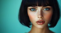 Young woman with short dark bob haircut and striking blue eyes against turquoise background. Dramatic makeup with glossy lips and flawless complexion highlights modern beauty look.