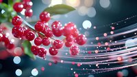 Fresh red berries with water drops on dark background, glowing bokeh lights and dynamic motion trails create magical holiday atmosphere.