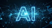 Glowing AI letters with digital network connections and data particles on dark blue technology background for artificial intelligence concepts.