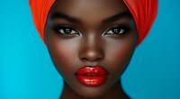 Young African woman wearing bright orange headwrap against vibrant turquoise background. Close-up portrait highlighting dramatic red lips, intense gaze and flawless dark skin.