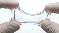 Transparent elastic gel or silicone material being stretched between four fingers, demonstrating flexibility and durability for medical, cosmetic, or industrial applications.