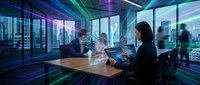 Two professionals in business attire conduct a meeting in a modern office with floor-to-ceiling windows overlooking a city skyline. Digital overlays and holographic elements enhance the futuristic workspace atmosphere for corporate communications.