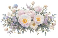 Delicate floral arrangement with soft pink peonies, white roses, and lavender sprigs adorned with eucalyptus leaves and small wildflowers on white background.