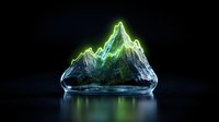 Glowing mountain peak emerging from water surface with neon green and blue light effects against dark background, creating mystical atmospheric scene.