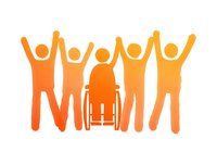 Orange silhouette figures with raised arms standing together with wheelchair user in center, symbolizing inclusion, diversity and community support.