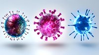 Colorful microscopic virus cells in red, pink and blue with detailed protein spikes floating on light background, scientific medical visualization concept.