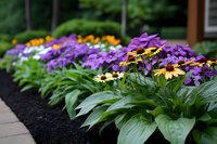 Vibrant garden border with yellow black-eyed susan flowers and purple osteospermum daisies growing alongside lush green hosta plants in dark mulch along pathway.