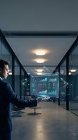 Businessman in dark suit interacting with holographic data analytics display showing financial charts and graphs in modern glass office interior with ambient lighting.