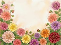 Colorful dahlia flowers frame with green leaves on soft beige background. Floral border design for greeting cards, invitations and decorative projects.