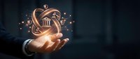 Businessman hand holding glowing banking icons with financial symbols and digital network connections representing modern fintech services.