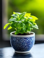 Fresh basil plant growing in decorative blue and white ceramic pot against blurred green background, natural light illuminating aromatic herbs for cooking.