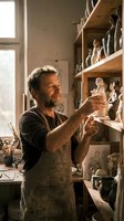 Mature Caucasian sculptor examining clay figurine in sunlit pottery studio workshop surrounded by handcrafted ceramic sculptures and art supplies.
