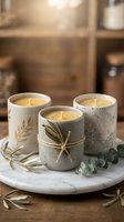 Three scented candles in textured concrete vessels with natural twine and botanical accents arranged on marble base for home decor and wellness.