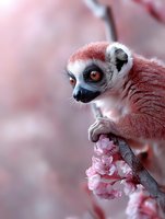 Ring-tailed lemur perched on blooming cherry branch with soft pink bokeh background, close-up portrait showing bright orange eyes and distinctive facial features.