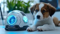 Curious puppy looking at futuristic glowing robot companion with blue light interface, depicting artificial intelligence and pet interaction technology concept.