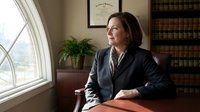 Middle-aged woman with brown hair, Caucasian ethnicity, wearing professional business attire including dark blazer and striped blouse, seated in law office with leather furniture, law books, and natural window light.