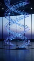 Futuristic holographic DNA double helix structure with glowing blue light trails and data points in modern laboratory interior for science technology concepts.