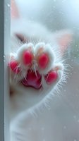 Close-up of white cat paw with pink pads pressed against foggy window glass on rainy day, creating tender and atmospheric mood for pet photography and greeting cards.