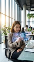 Young Asian businesswoman using smartphone with holographic data interface in modern office workspace for digital transformation and future technology concepts.