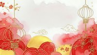 Chinese New Year festive background with red lanterns, golden clouds, cherry blossoms and traditional decorative elements in watercolor style.