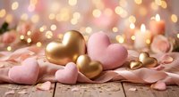Romantic Valentine's Day scene with golden and pink hearts on silk ribbon against warm bokeh lights background for love celebration and wedding decor.