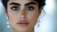 Young Middle Eastern woman with bold eyebrows and pearl earrings showcasing natural beauty makeup look for cosmetics and fashion advertising campaigns.