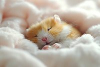 Adorable sleeping hamster with golden fur nestled in soft white blanket, showing peaceful expression and tiny pink nose, perfect for pet care and animal welfare content.