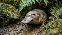 Young platypus resting on muddy riverbank surrounded by lush green ferns in natural Australian wetland habitat during daytime exploration.