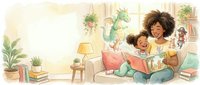African American mother and daughter reading book together on couch in cozy living room with plants and warm lighting for family bonding activities.