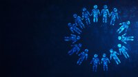 Digital blue human figures arranged in circle on dark background, representing community, connectivity, teamwork, and global network concept.