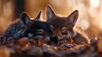 Two sleeping red foxes cuddled together among autumn leaves at sunset, with soft bokeh background creating dreamy atmospheric nature scene.