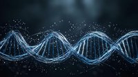 Digital DNA double helix structure with glowing particles and data streams on dark background for biotechnology and genetic research presentations.