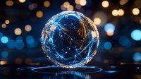 Glowing sphere with connected light trails and network lines floating against dark background with bokeh lights. Digital global connectivity concept.