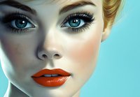 Close up portrait of young Caucasian woman with bright blue eyes, red lips, blonde hair and dramatic makeup against turquoise background. Digital art style beauty illustration.