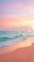 Serene coastal landscape at sunrise with soft pink and golden sky, turquoise waves, and sandy beach. Ideal for travel, wellness, and relaxation themed projects.