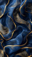 Luxurious navy blue fabric with golden edges flowing in elegant waves creating sophisticated textile background for premium fashion and interior design.
