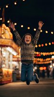 Excited young boy jumping with arms raised at night carnival with glowing lights and festive atmosphere creating joyful childhood memories.