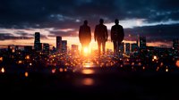 Three silhouetted figures standing against dramatic city skyline at sunset with glowing lights and moody dark clouds creating atmospheric urban landscape scene.